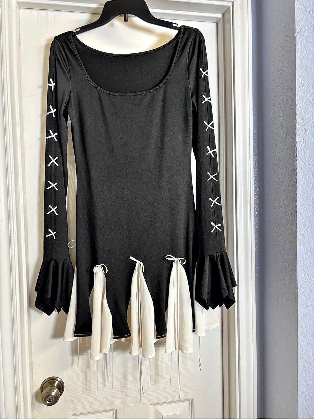 Innovare Denim Amarante Bow Ruffle Fringe Black & White Mini Dress